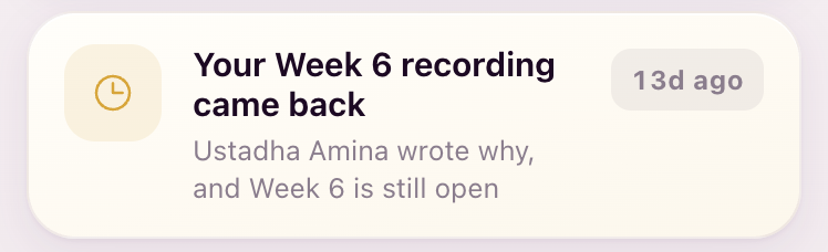 the returned-week notification, as it is now